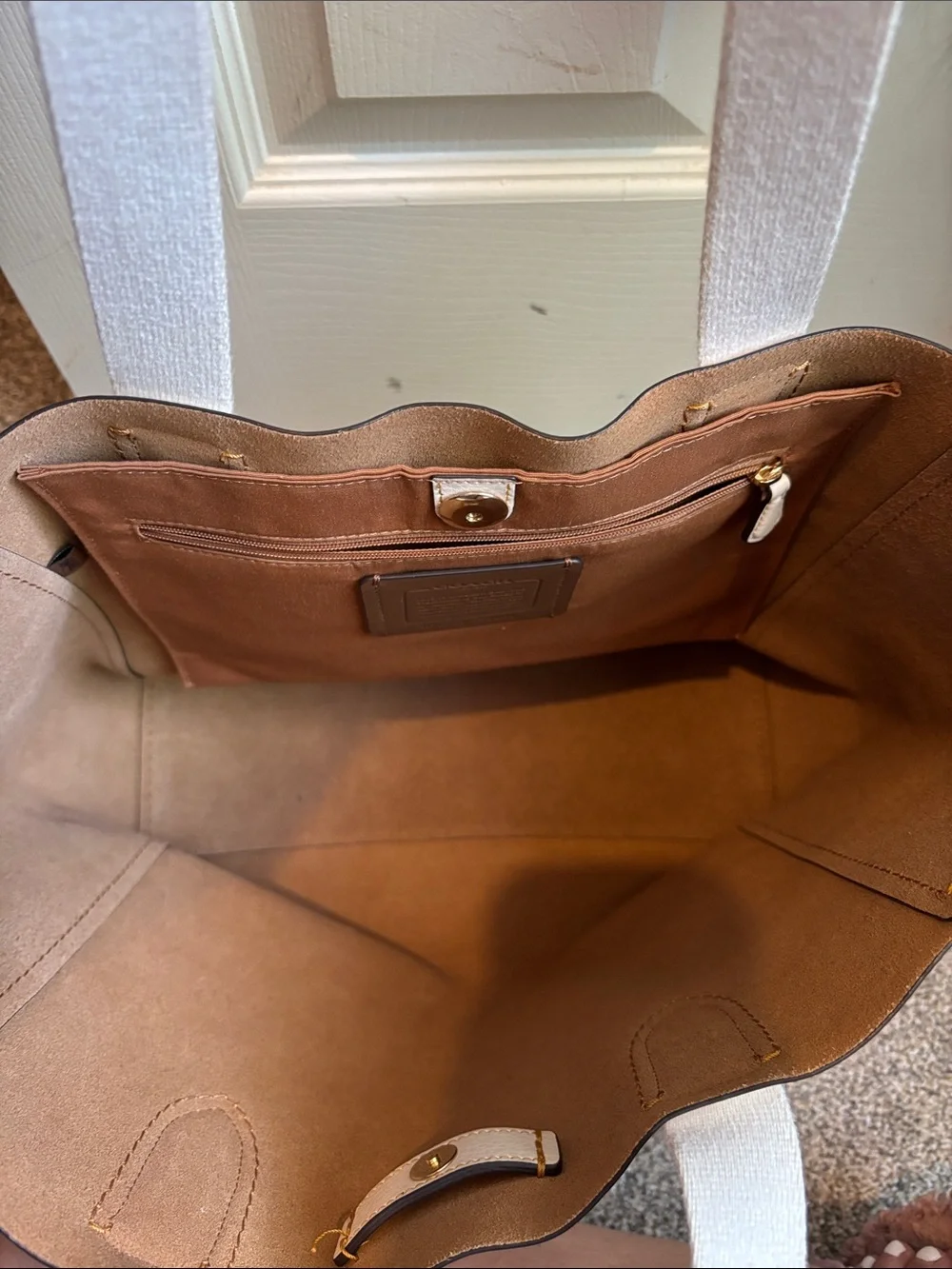 Coach White Leather Tote with Gold-Tone Tag